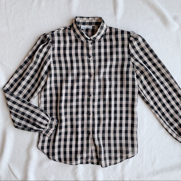 FINAL SALE - Vintage 90s checkered puff shoulder sheer rounded collar blouse - Picture 4 of 6